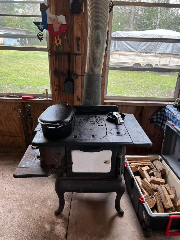 The old wood stove on the back porch.