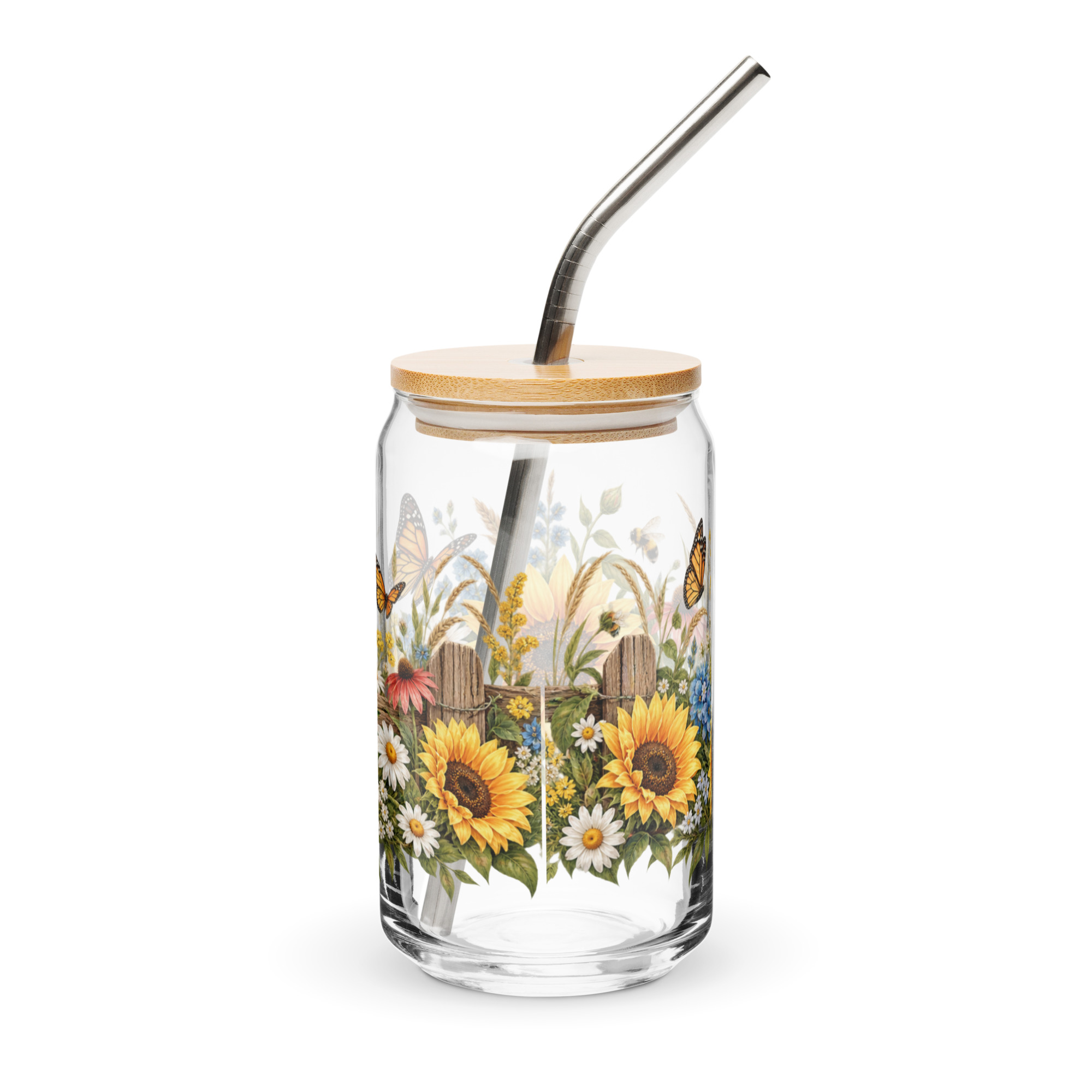 Country Wildflower Can Glass with Bamboo Lid & Straw - Image 2
