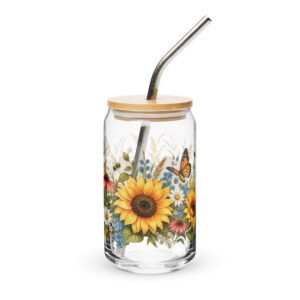 Country Wildflower Can Glass with Bamboo Lid & Straw