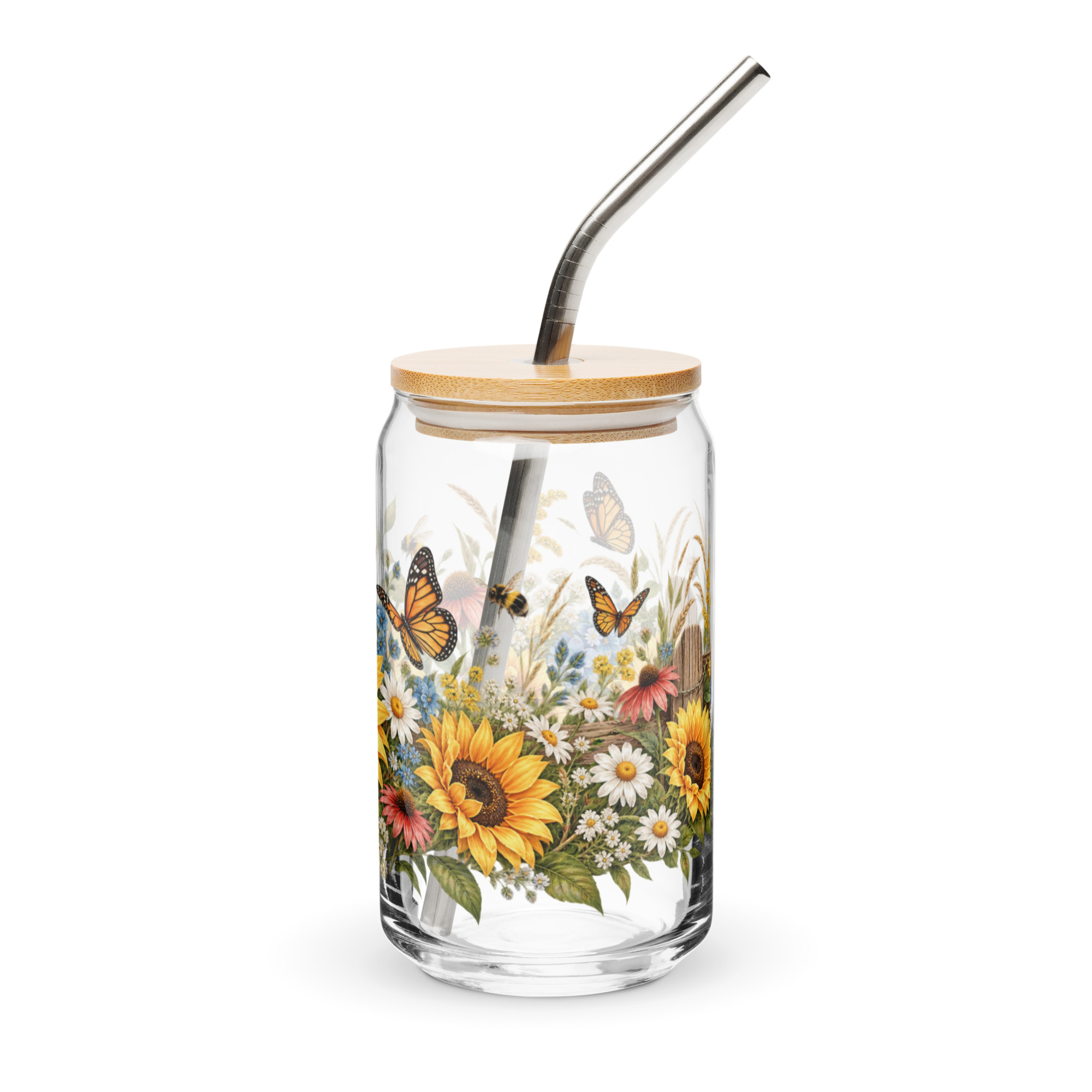 Country Wildflower Can Glass with Bamboo Lid & Straw - Image 3