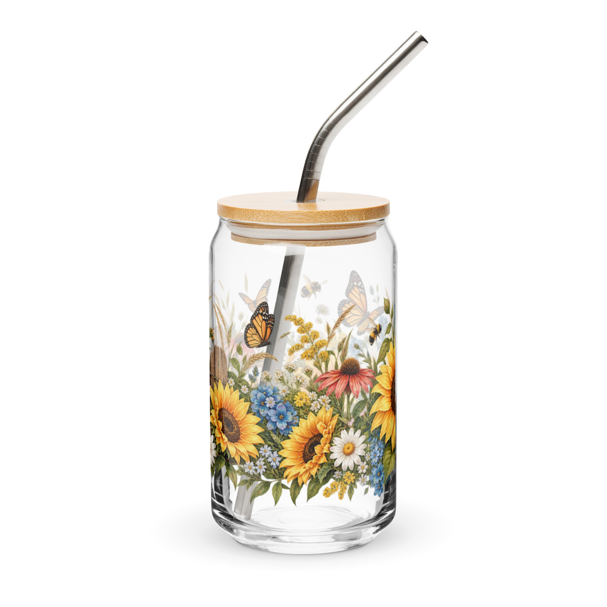 Country Wildflower Can Glass with Bamboo Lid & Straw - Image 4